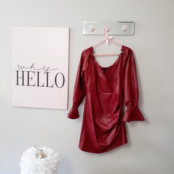 NWT Kendall & Kylie scarlet burgundy vegan leather puff sleeve dress, 4/6 - Picture 3 of 5
